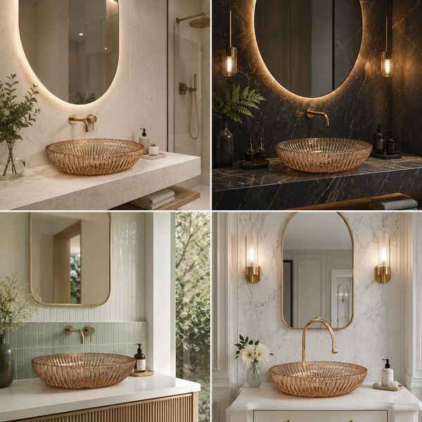 Premium Glass Table Top Wash Basin, Transparent Finish (530x350x150 MM) Rose gold