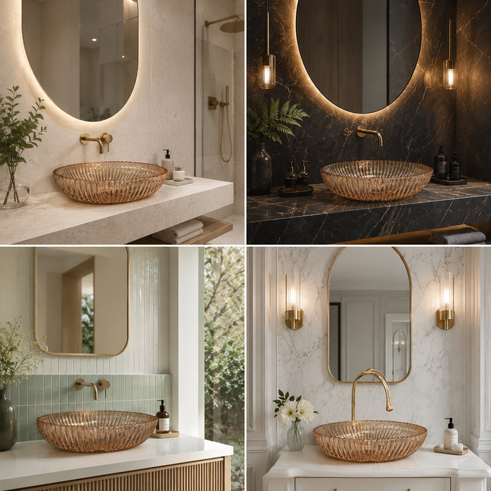 Premium Glass Table Top Wash Basin, Transparent Finish (530x350x150 MM) Rose gold