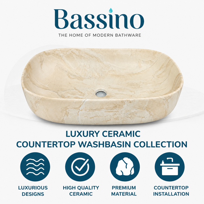 Bassino Marble Finish Ceramic Oval Countertop Wash Basin – Luxury Vessel Sink (22" x 14" x 6")