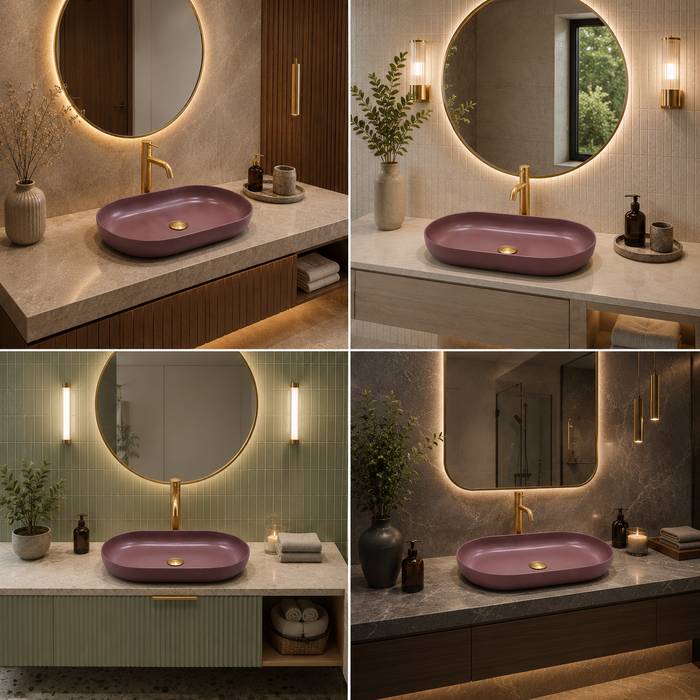 Bassino Oval Table Top Wash Basin | Premium Countertop Bathroom Sink | Matte Pink Basin 31 x 16 Inch