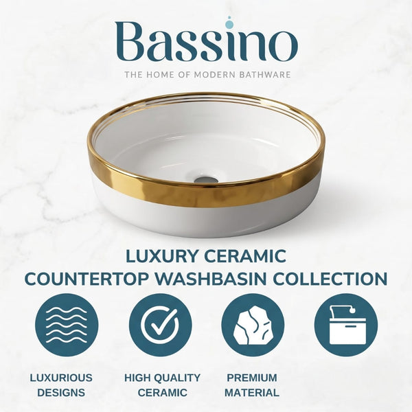 Bassino 14 Inch Round Countertop Wash Basin Sink – 14.2" x 14.2" x 4.9" Modern Luxury Ceramic Vessel Basin with Gold Rim