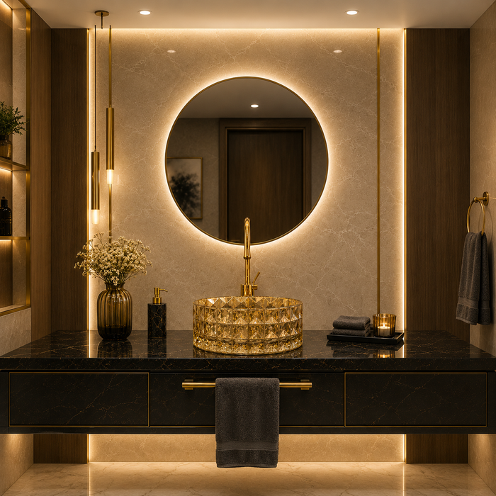 Bassino 12" Luxury Crystal Cut Glass Countertop Wash Basin – Premium Amber Gold Round Designer Vessel Sink (11.8" x 11.8" x 5.1")
