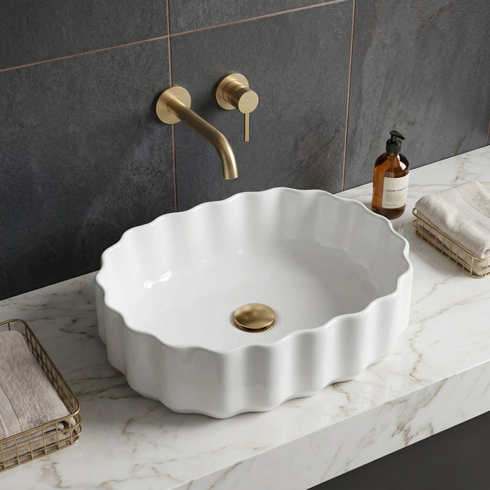Bassino White Fluted Oval Countertop Wash Basin – Modern Ceramic Vessel Sink (19" x 13" x 6")