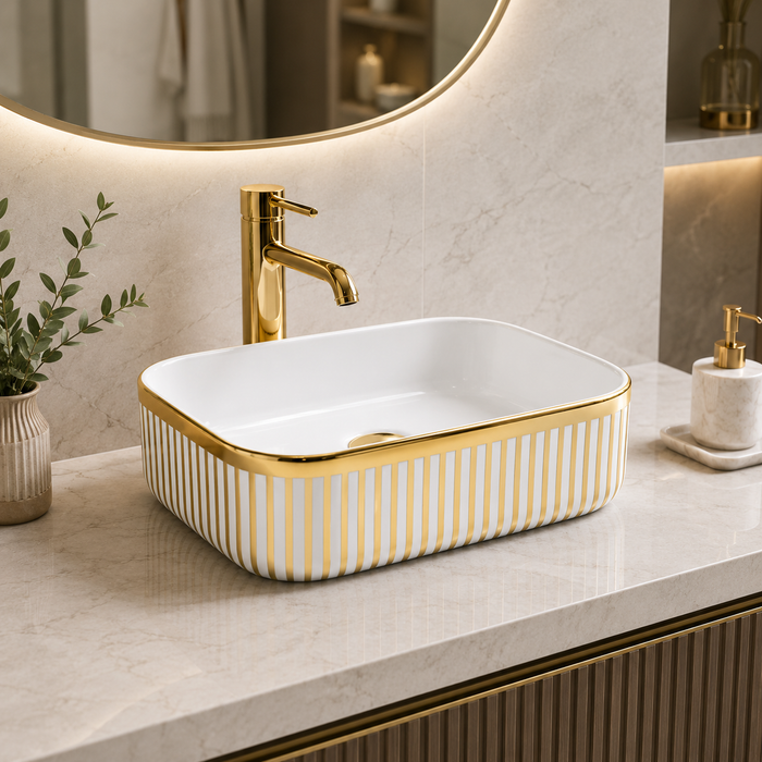 Designer Countertop Wash Basin | 16 × 12 × 6 Inch Luxury Bathroom Basin | Gold & Rose Gold Finish Variants Gold
