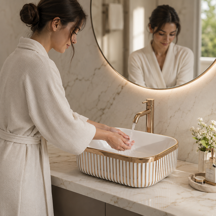 Designer Countertop Wash Basin | 16 × 12 × 6 Inch Luxury Bathroom Basin | Gold & Rose Gold Finish Variants Rose gold