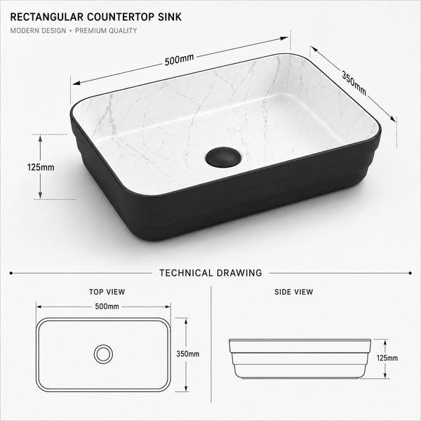 Double Color Matt Marble Bathroom Sink Rectangular Countertop Wash Basin (20" × 14" × 5"IN) Black