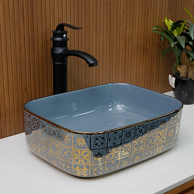 Designer Table Top Basin (16 x 12 x 6 In) BTT-11371-IN,Grey-Gold