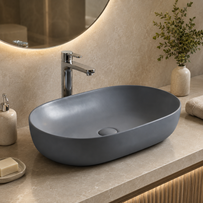 Designer Oval Countertop Wash Basin | (24" × 17" × 6" IN) Matte Finish Bathroom Sink Blue