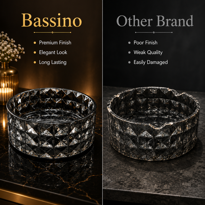 Bassino 12" Luxury Crystal Cut Glass Countertop Wash Basin – Premium Smoky Black Designer Vessel Sink (11.8" x 11.8" x 5.1")
