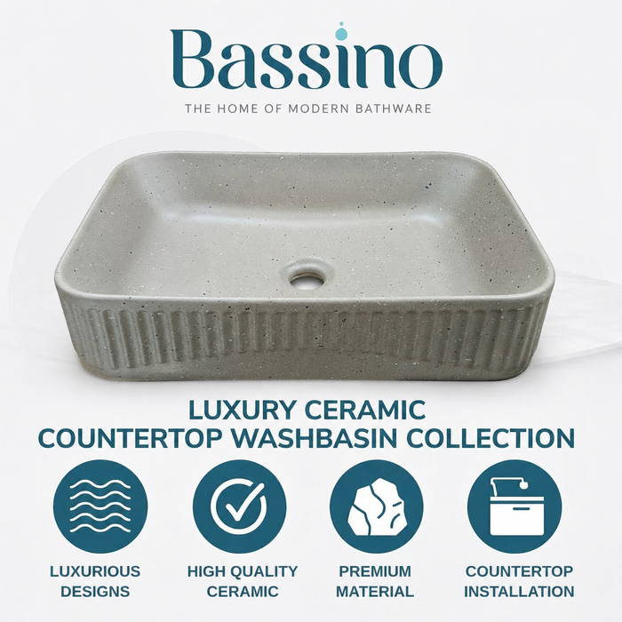 Bassino Grey Stone Textured Rectangular Countertop Wash Basin – Modern Ceramic Vessel Sink (20" x 14" x 5")