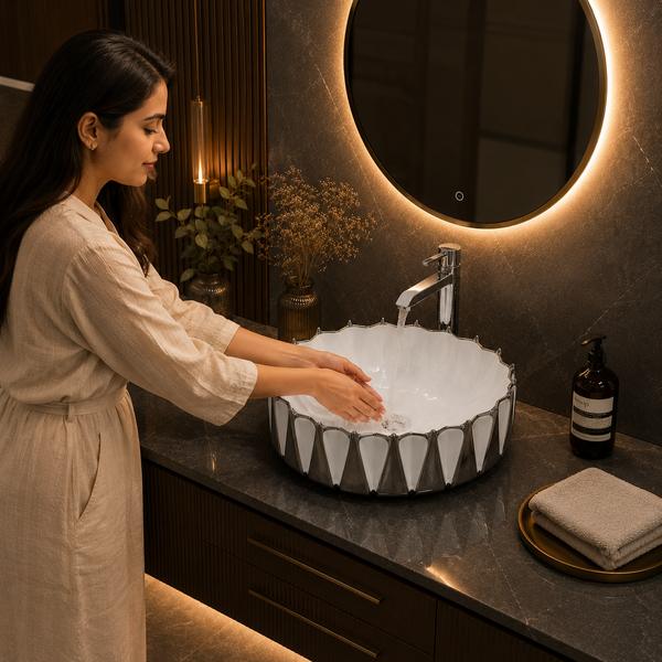 Bassino 17" Luxury White & Chrome Faceted Ceramic Countertop Wash Basin – Designer Round Vessel Sink (16.5" x 15" x 7")