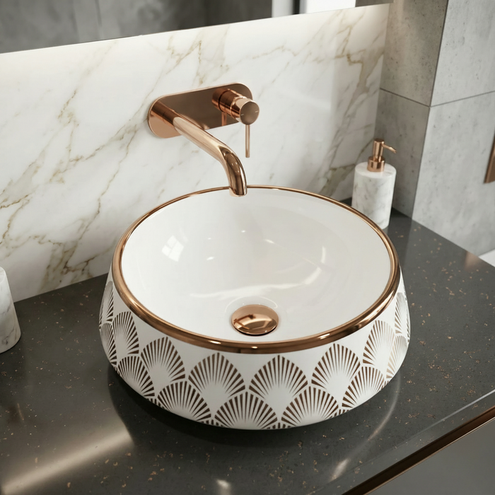 Luxury Round Ceramic Basin | Gloss Counter Top Wash Basin | 16x16x6 inch | White With Accents