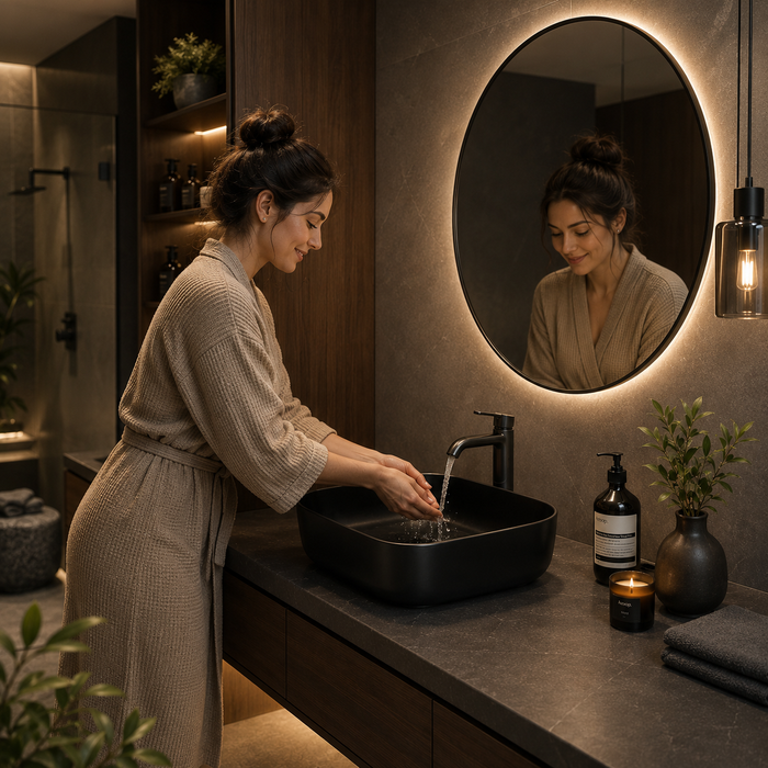 Bassino Matte Black Countertop Wash Basin – Modern Rectangular Ceramic Vessel Sink (16.5" x 12.6" x 5.5")