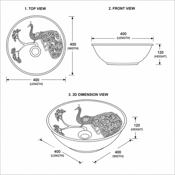 Bassino Peacock Design Round Countertop Wash Basin – Artistic Ceramic Vessel Sink (15.7" x 15.7" x 4.7")