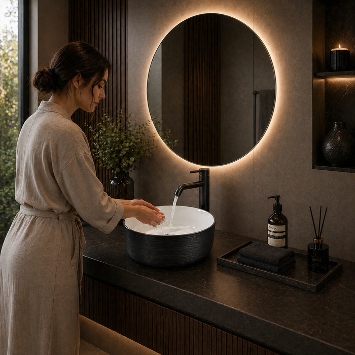Bassino 16" Round Countertop Wash Basin – Black & White Luxury Ceramic Vessel Sink (15.7" x 15.7" x 5.5")