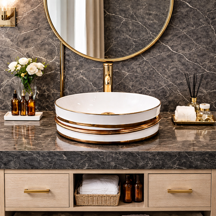 Bassino Luxury Round Ceramic Countertop Wash Basin with Premium Gold Accents