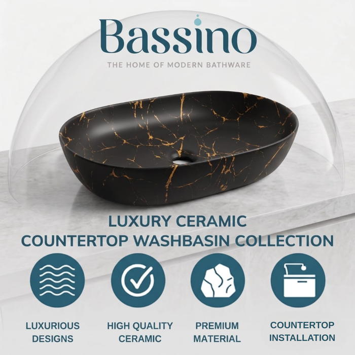 Bassino 24" Black Marble Finish Oval Ceramic Countertop Wash Basin – Luxury Vessel Sink (24" x 16" x 5")