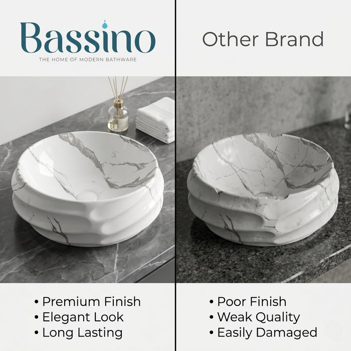 Bassino Round Marble Texture Countertop Wash Basin – Premium Ceramic Vessel Sink (17.9" x 15" x 6.7")