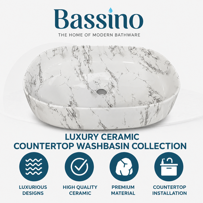 Bassino Marble Finish Ceramic Countertop Wash Basin – Luxury Oval Vessel Sink (22" x 14" x 6")