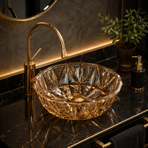 Bassino 16" Luxury Crystal Cut Glass Countertop Wash Basin – Premium Amber Gold Designer Vessel Sink (15.9" x 15.9" x 5.1")