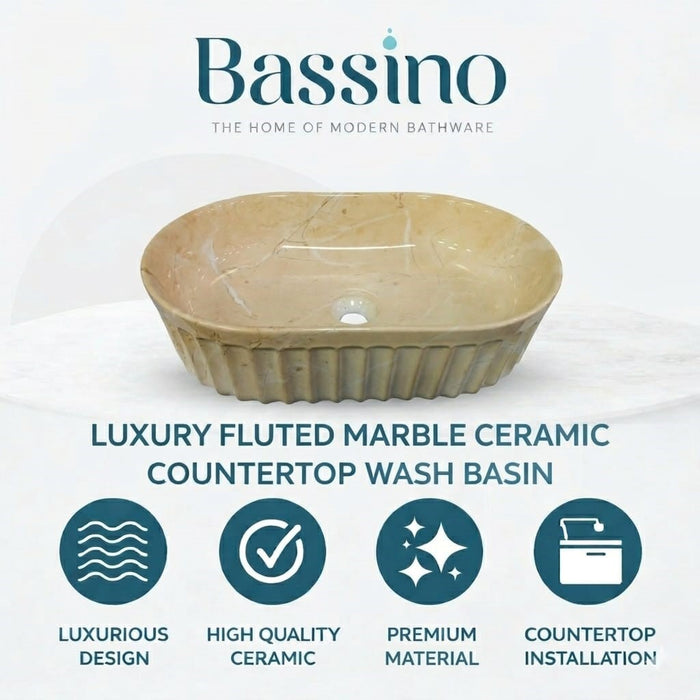 Designer Table-Top Basin | Gloss Marble Ceramic Basin | 22x14.2x6 inch | Beige Marble