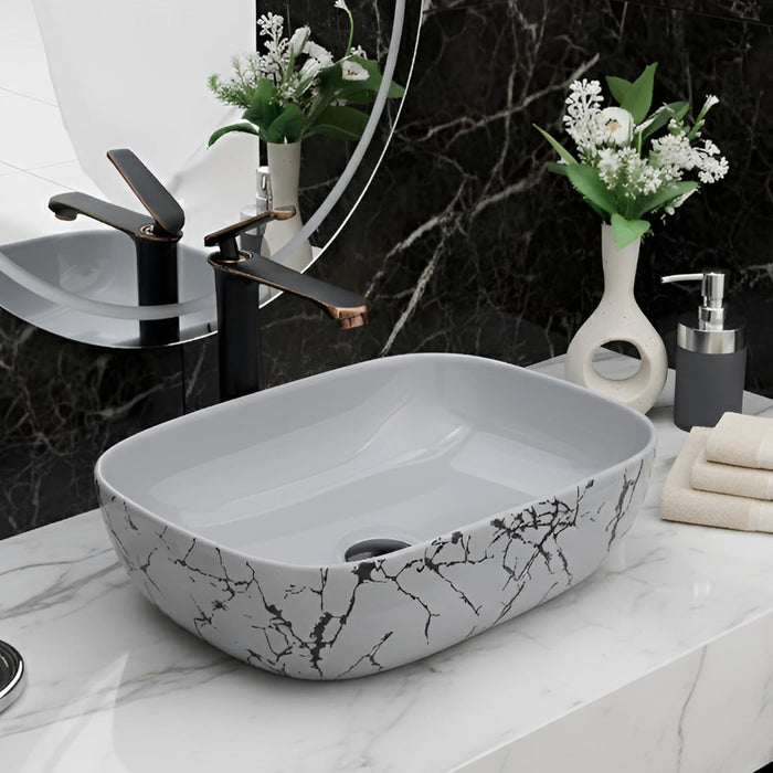 Designer Grey Black Veins Ceramic Table Top Basin (18x13x5.5 In) BTT-11417-IN
