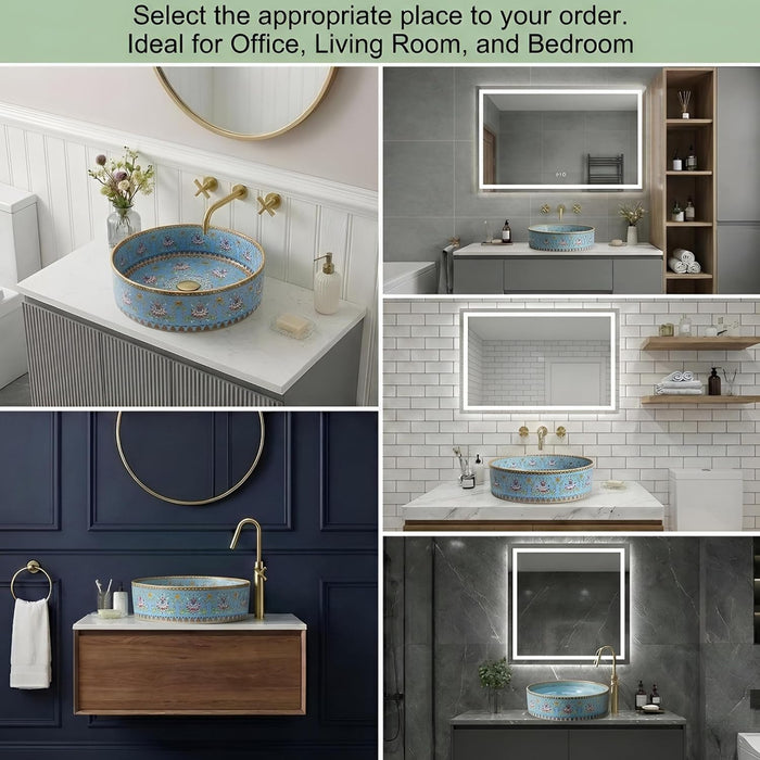 Designer Round Ceramic Wash Basin (Glossy Blue with Moroccan Art Design 16 x 16 x 5 In- AB604)