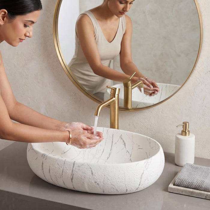 White Grey Marble Design Ceramic Countertop Wash Basin – Luxury Oval Textured Table Top Basin, Matte Finish Vessel Sink (24" x 16" x 6")