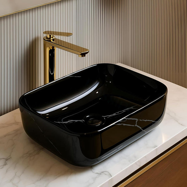 Premium Ceramic Table Top Wash Basin, Black Marble Glossy (16 × 12 × 5.5 In) BTT-660-IN