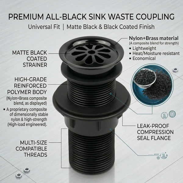 BASSINO 6 Inch Basin Waste Coupling Nylon Thread Body with Brass Jali Head/Heavy Duty Bathroom Sink Drain for Wash Basin Universal Fit Drain(Black)