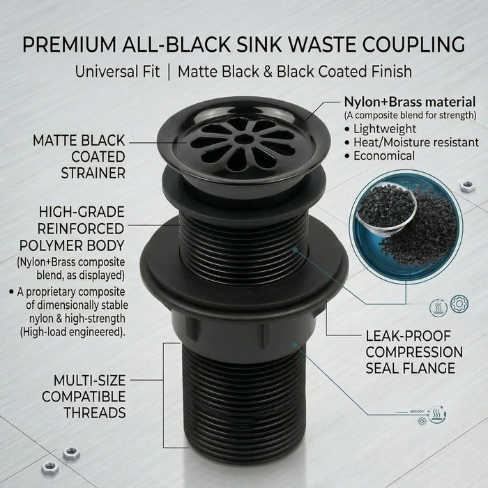 BASSINO 6 Inch Basin Waste Coupling Nylon Thread Body with Brass Jali Head/Heavy Duty Bathroom Sink Drain for Wash Basin Universal Fit Drain(Black)
