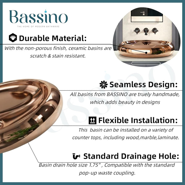 Premium Oval Rosegold Ceramic Table Top Basin (24x16x6 In) BTT-11545