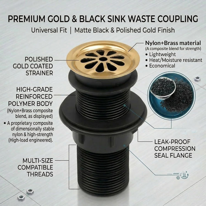 BASSINO 6 Inch Basin Waste Coupling Nylon Thread Body with Brass Jali Head/Heavy Duty Bathroom Sink Drain for Wash Basin Universal Fit Drain(Gold)