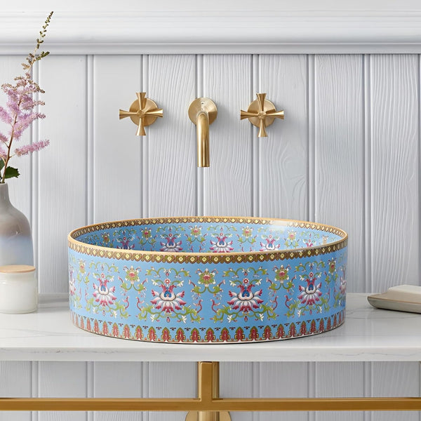 Designer Round Ceramic Wash Basin (Glossy Blue with Moroccan Art Design 16 x 16 x 5 In- AB604) Blue
