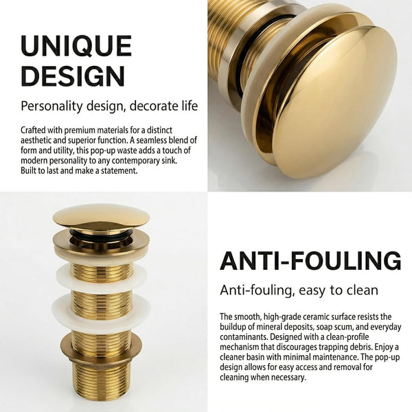 5" Gold Glossy Brass Pop Up Full Thread Waste Coupling 32 MM