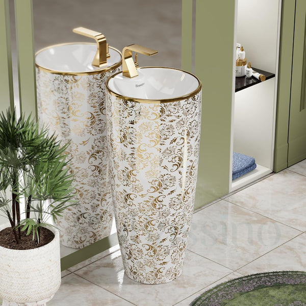 Premium Ceramic Pedestal Wash Basin, White Glossy (15 × 15 × 34 In) BPB-788