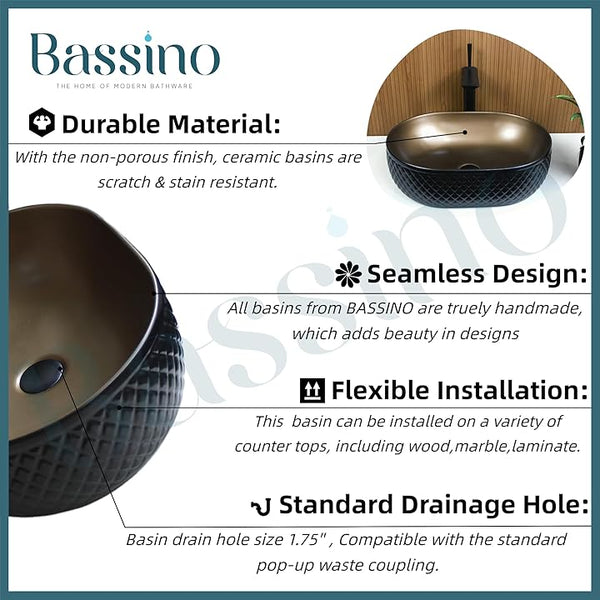 Premium Black Brown Ceramic Table Top Basin (20x14x6 In) BTT-11079