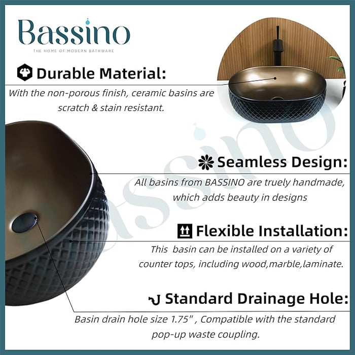 Premium Black Brown Ceramic Table Top Basin (20x14x6 In) BTT-11079