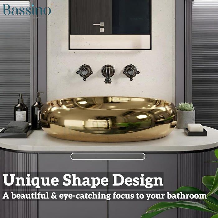 Premium Oval Gold Ceramic Table Top Basin (24x16x6 In) BTT-11546