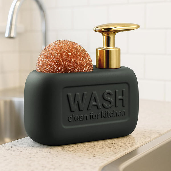 Ceramic Kitchen Liquid Soap Dispenser with Scrubber – Premium Sink Dishwashing Holder Black