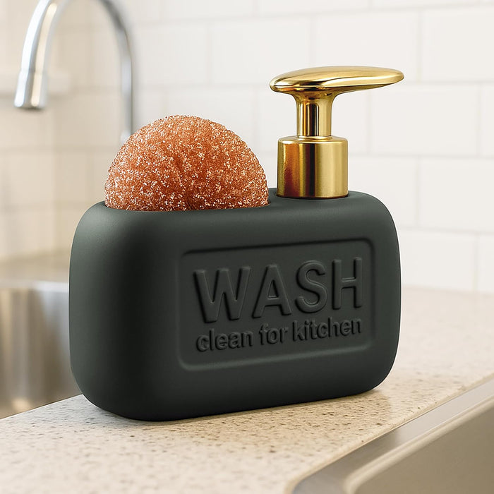 Ceramic Kitchen Liquid Soap Dispenser with Scrubber – Premium Sink Dishwashing Holder