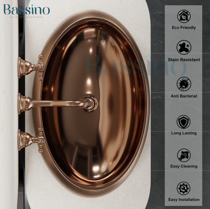 BASSINO Ceramic Wash Basin Rosegold Table Top Washbasin Countertop Vessel Sink for Bathroom Kitchen Dining Living Room Modern Ceramic Basin Solid Surface Installation 24x16x6 Inch (BTT-1054)