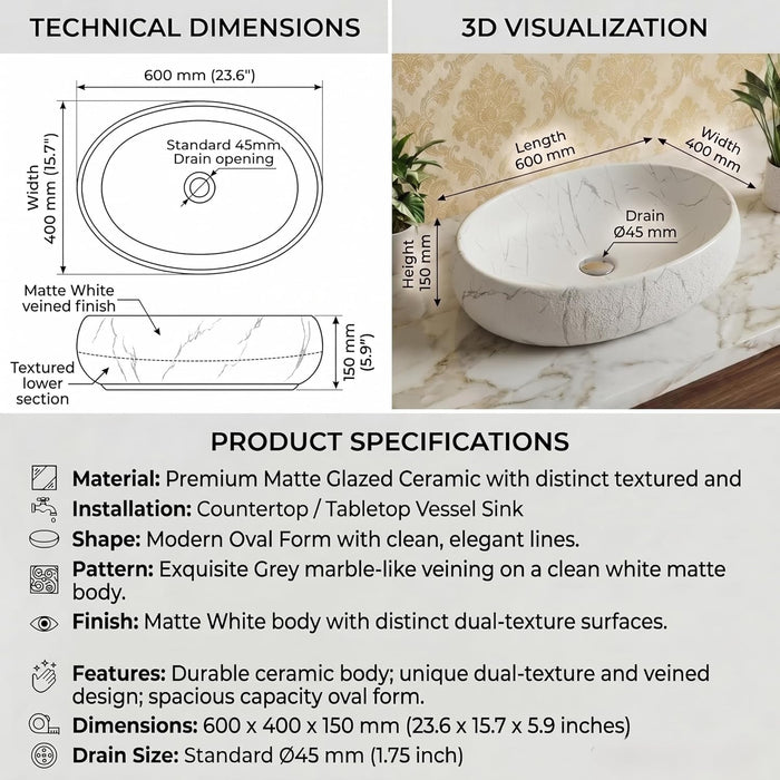 White Grey Marble Design Ceramic Countertop Wash Basin – Luxury Oval Textured Table Top Basin, Matte Finish Vessel Sink (24" x 16" x 6")
