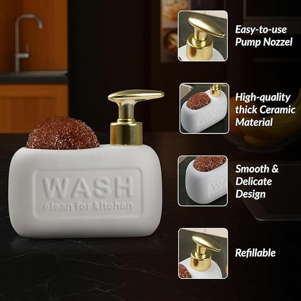 Ceramic Kitchen Liquid Soap Dispenser with Scrubber – Premium Sink Dishwashing Holder White