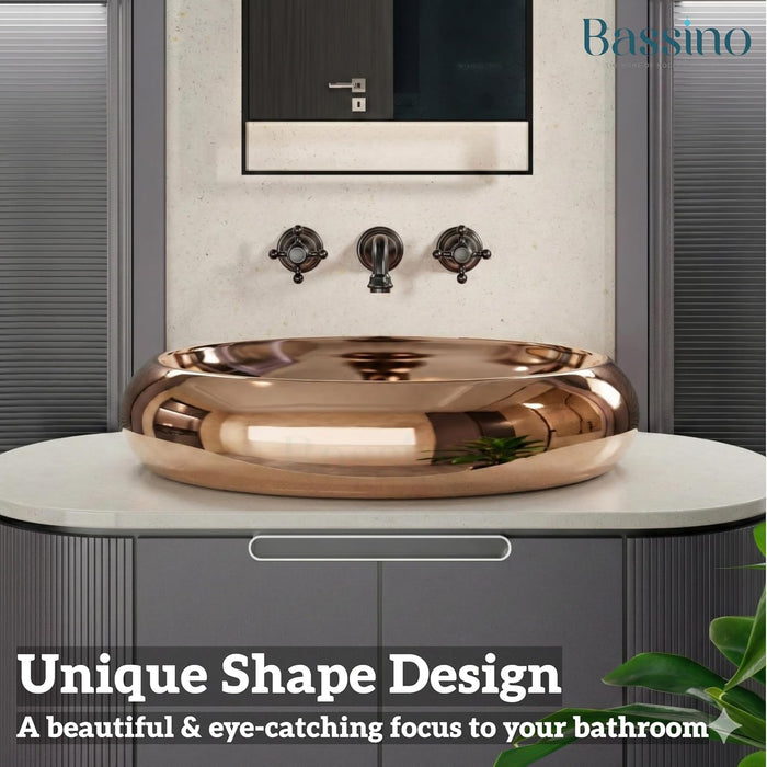 Premium Oval Rosegold Ceramic Table Top Basin (24x16x6 In) BTT-11545