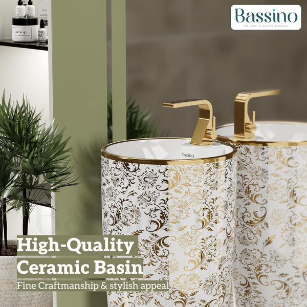 Premium Ceramic Pedestal Wash Basin, White Glossy (15 × 15 × 34 In) BPB-788