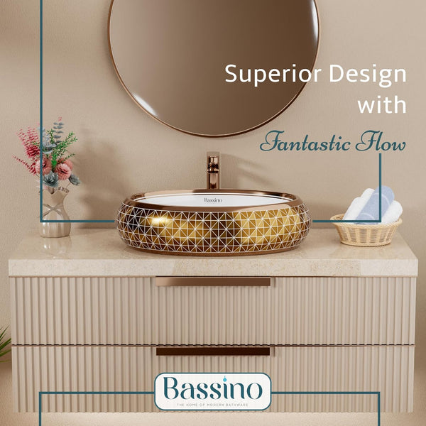 Luxury Art Decorative Tabletop Basin (Glossy Rose Gold, 24x16x6 Inch) BTT-1515