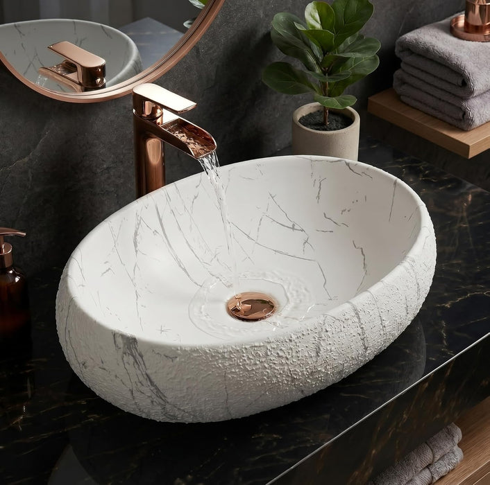 White Grey Marble Design Ceramic Countertop Wash Basin – Luxury Oval Textured Table Top Basin, Matte Finish Vessel Sink (24" x 16" x 6")