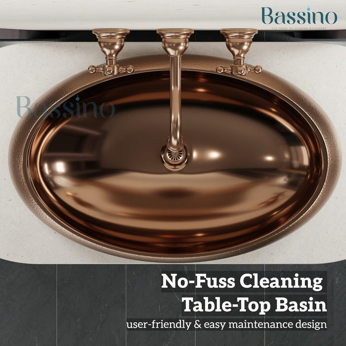 BASSINO Ceramic Wash Basin Rosegold Table Top Washbasin Countertop Vessel Sink for Bathroom Kitchen Dining Living Room Modern Ceramic Basin Solid Surface Installation 24x16x6 Inch (BTT-1054)