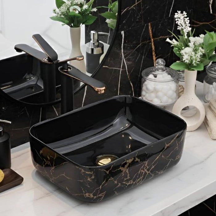 Designer Black Gold Ceramic Table Top Wash Basin (16x12x6 In) BTT-11421-IN